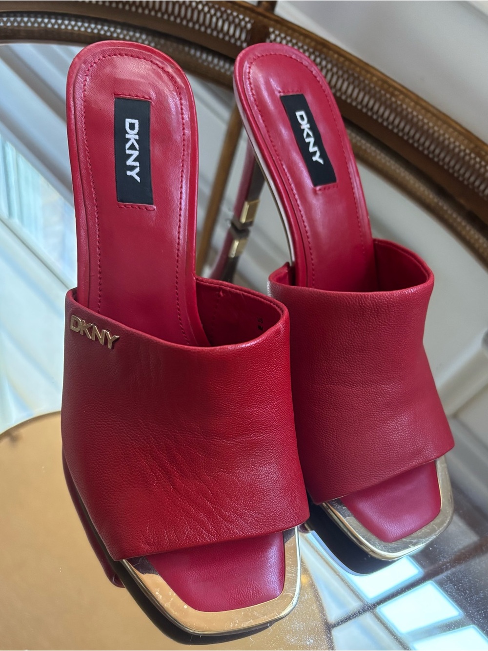 DKNY Red Open Toe Stiletto Heel Slides with Gold Accents